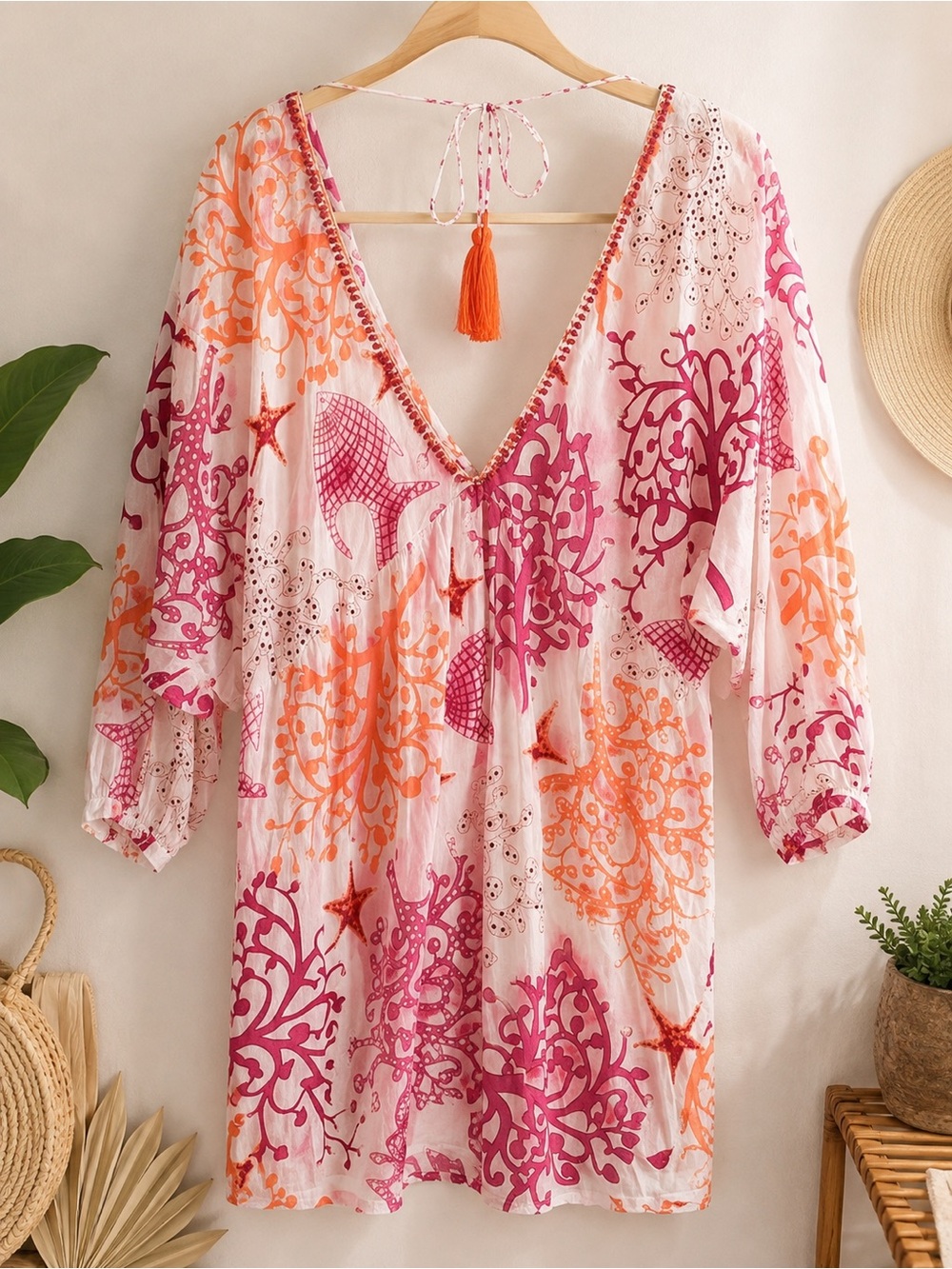 Boho Vibe Blue Island Coral‎ & Fish Print Swim Coverup Tunic